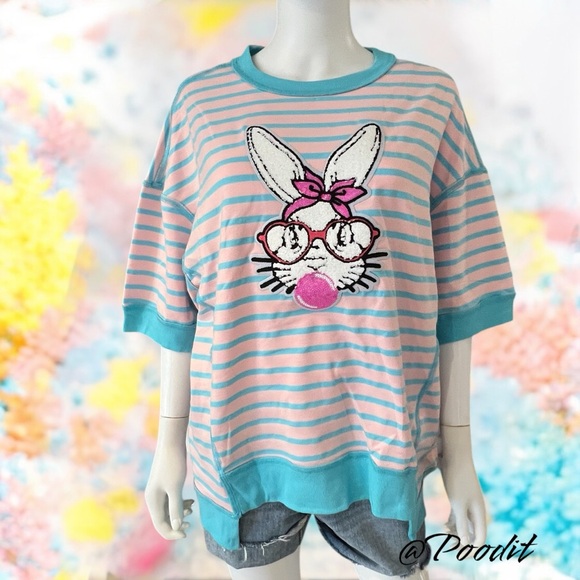 Pink and blue bubble gum bunny oversized top S M L XL 2 XL - Picture 2 of 9